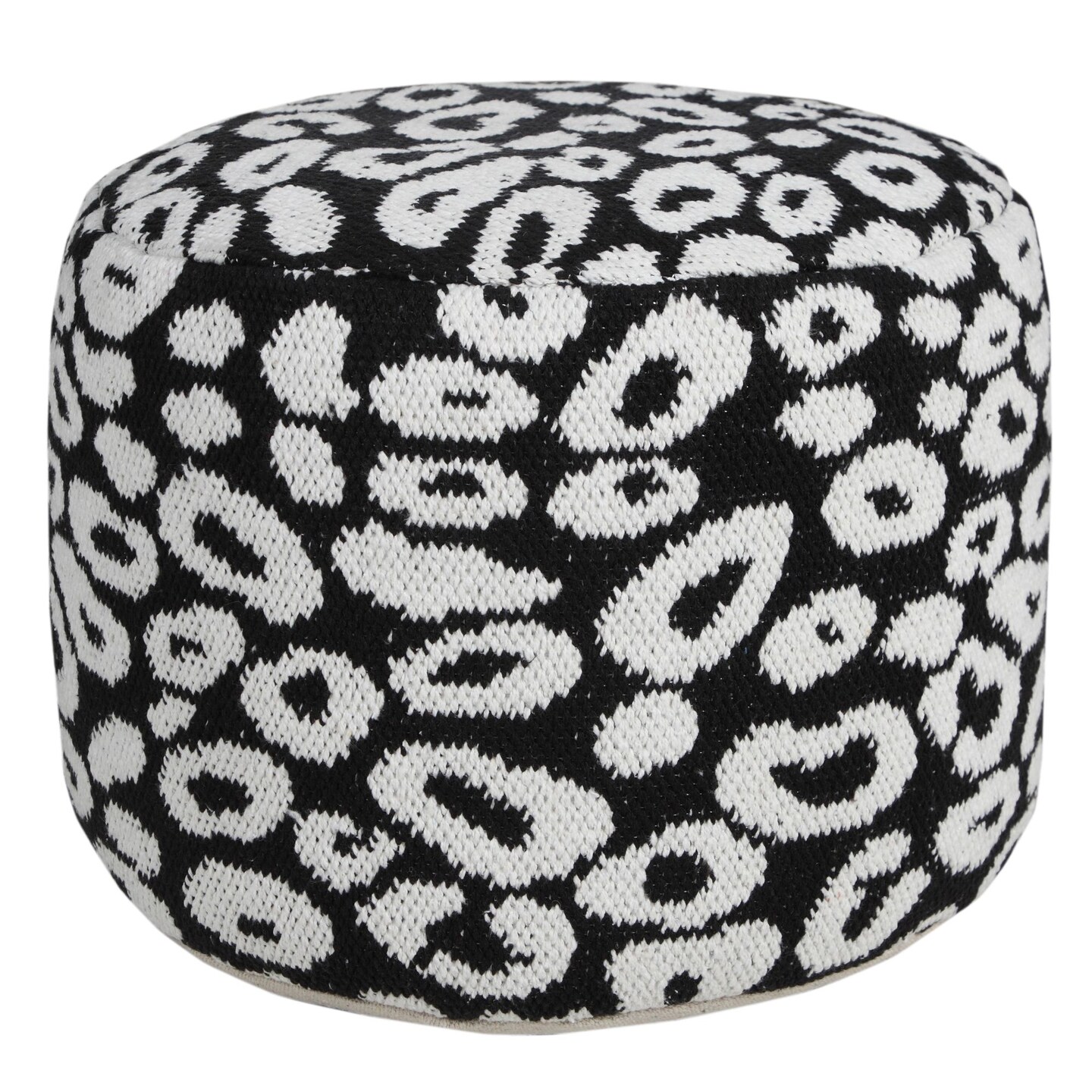 Laddha Home Designs 18" White and Black Leopard Print Round Pouf Ottoman