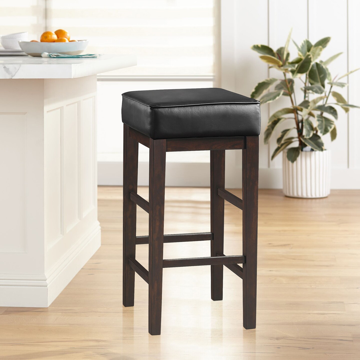 Contemporary Home Living Set of 2 Black and Brown Backless Square Wooden Bar Stool with Leather Seats 26