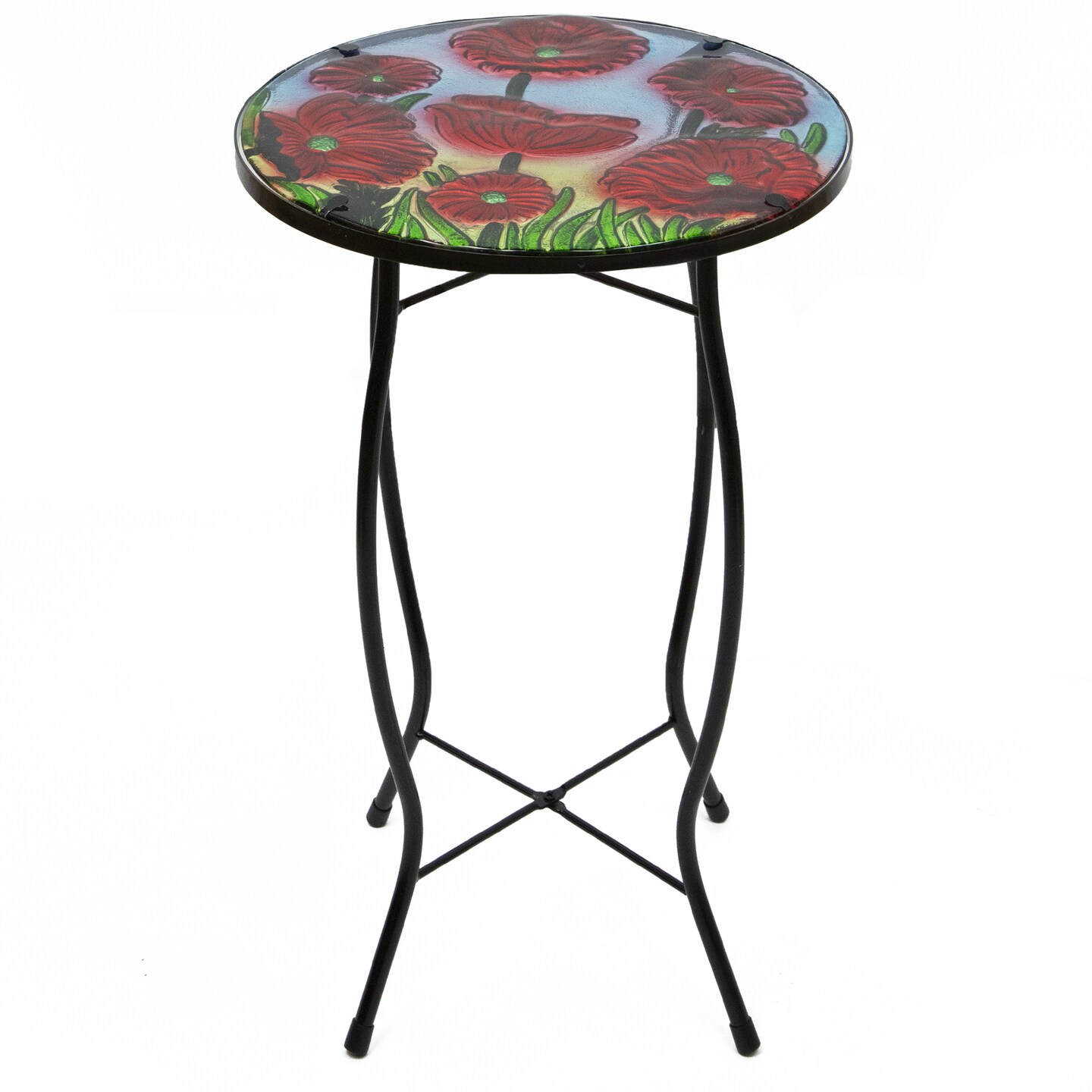 Northlight 19&#x22; Red Floral Poppies Glass Patio Side Table