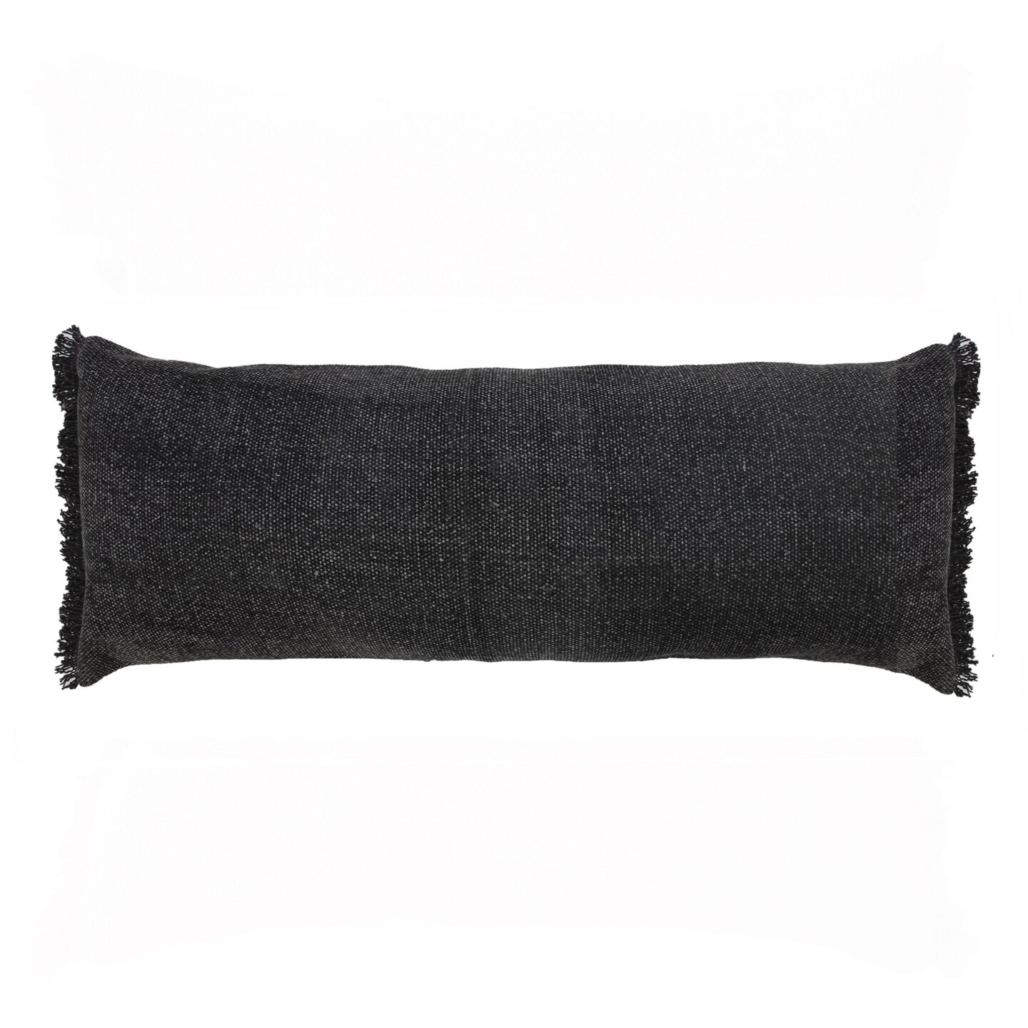Laddha Home Designs 36" Black Solid Stonewash Fringed Rectangular Lumbar Throw Pillow