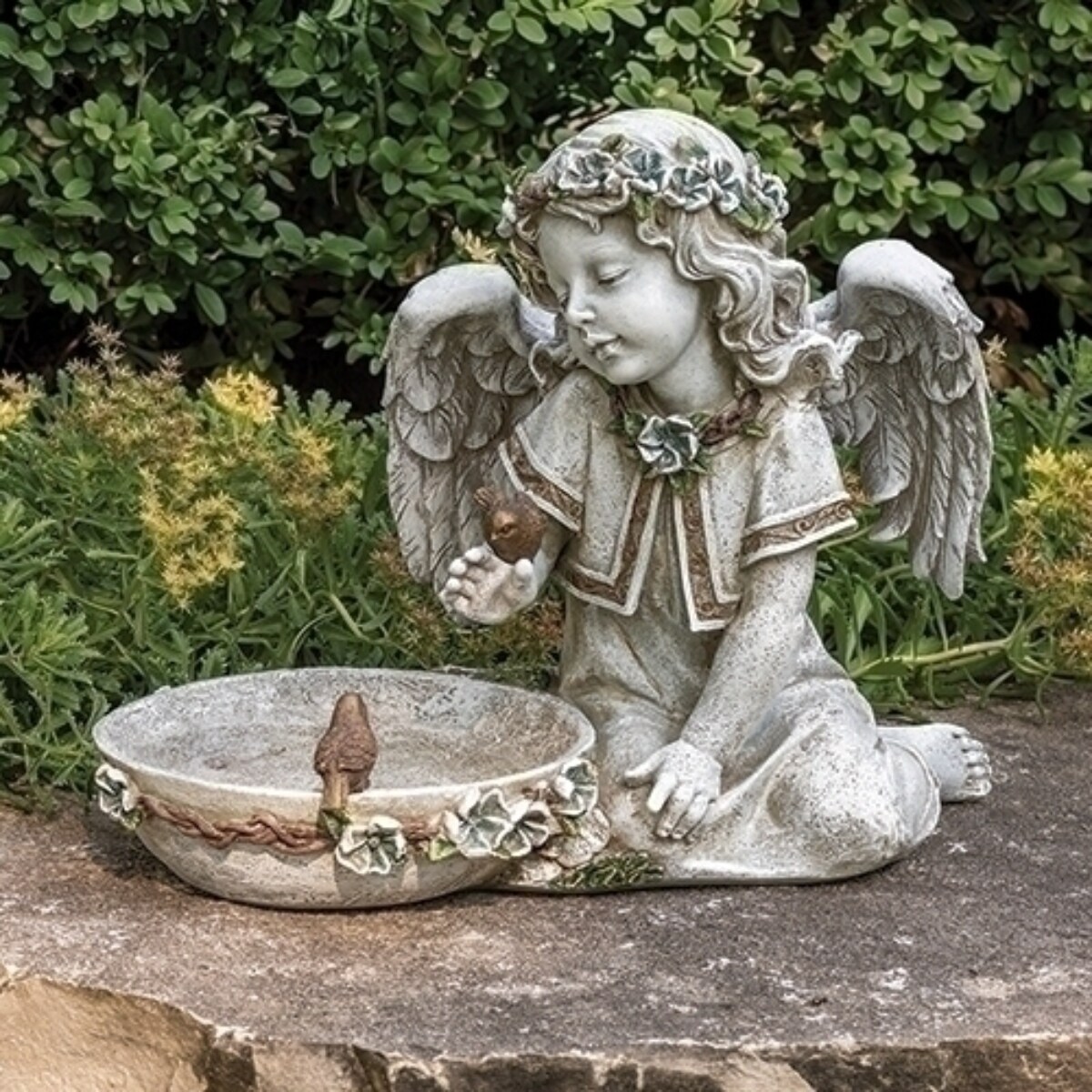 Roman 14&#x22; LED Solar Birdbath Angel Outdoor Garden Statue