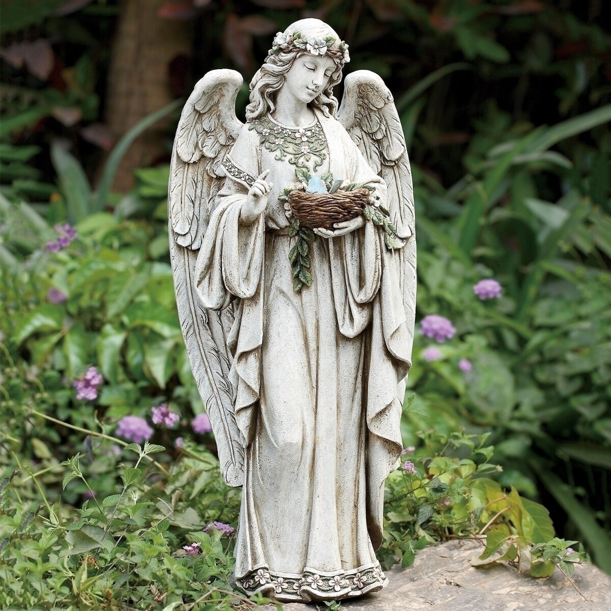 Roman 24&#x22; Angel Holding Bird&#x27;s Nest Outdoor Garden Statue