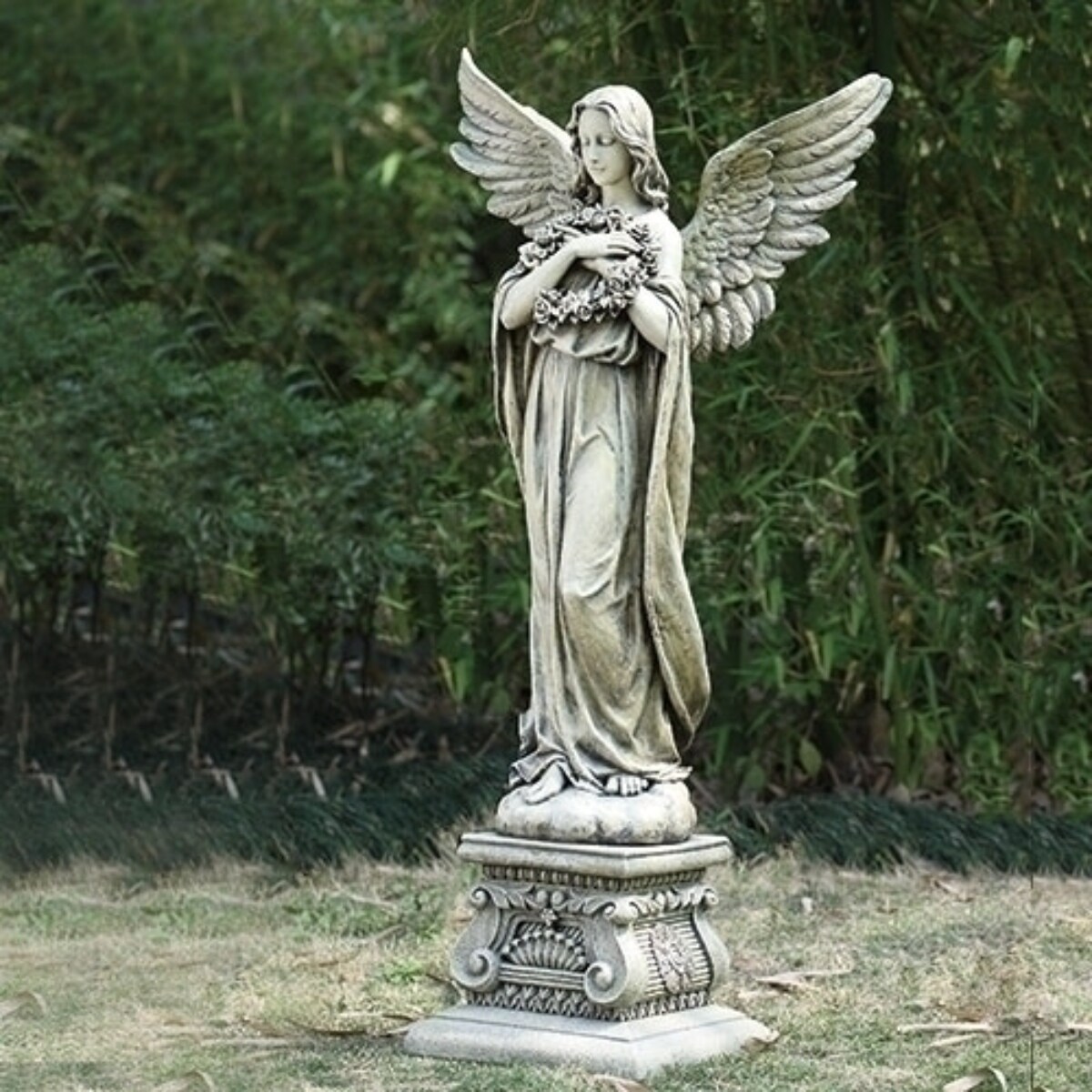 Roman 48&#x22; Angel Holding Wreath Outdoor Garden Statue