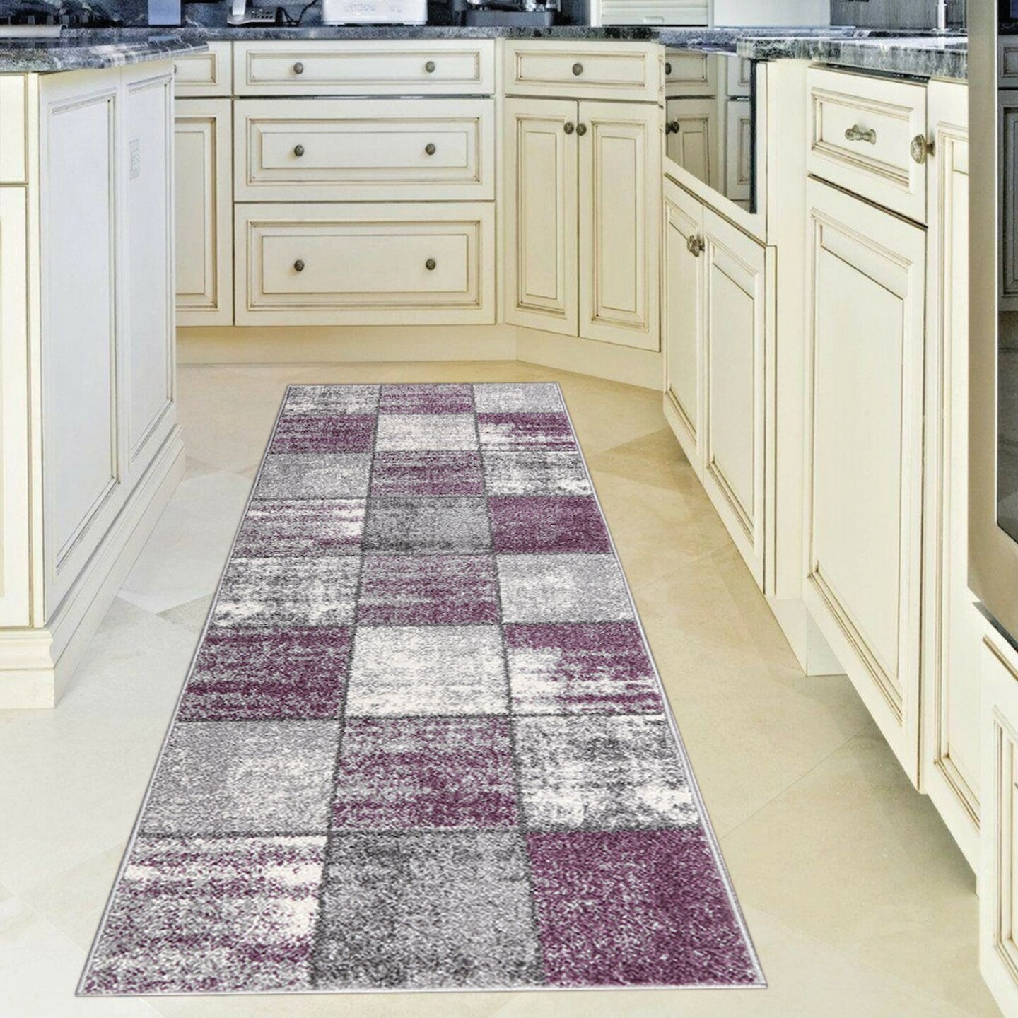 LBaiet 2' x 6' Purple and Gray Squares Rectangular Rug Runner