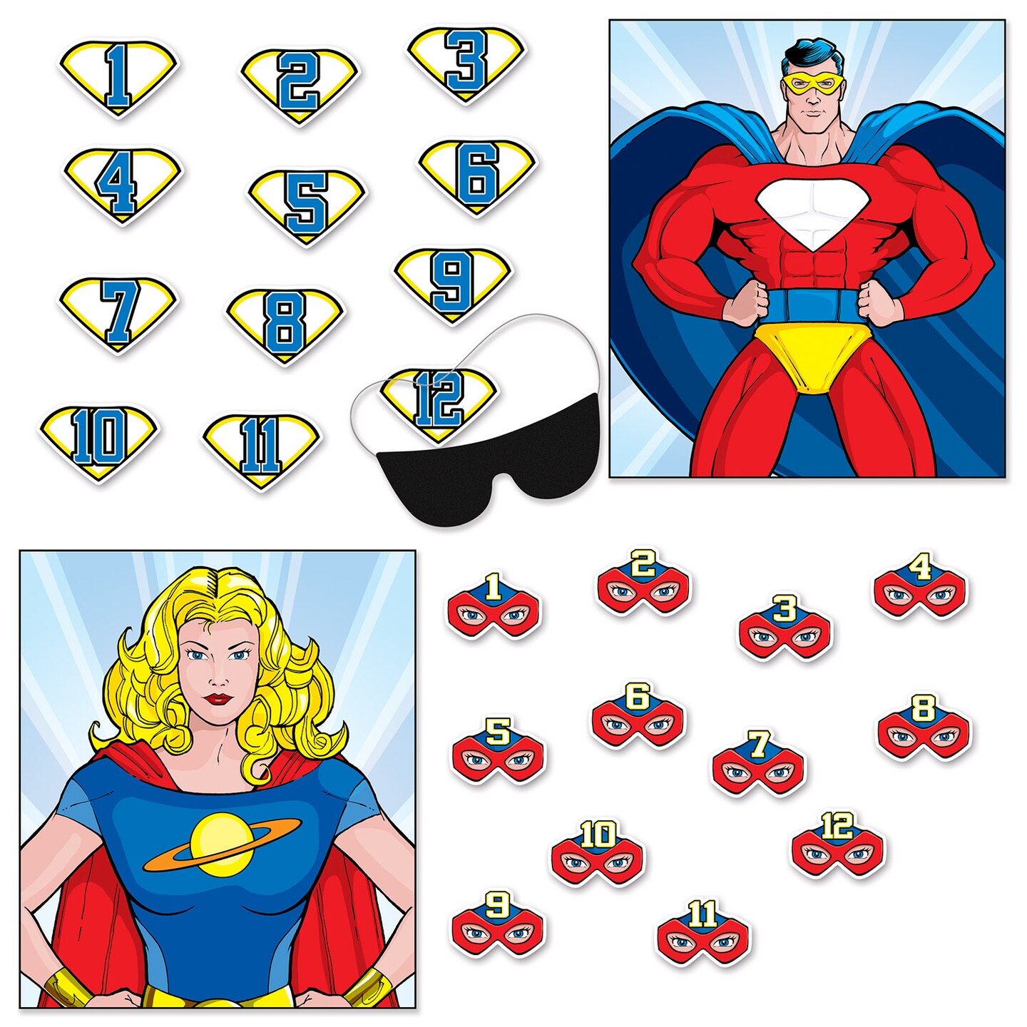 Beistle 48 Pieces Pin the Eye Mask and Logo Superhero Design Party Games 19.25"