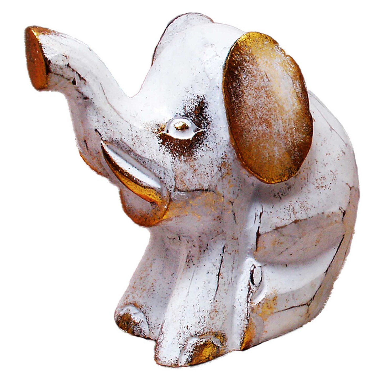Stoneage Arts Inc 5&#x22; x 4&#x22; White and Gold Sitting Elephant Handmade Statue