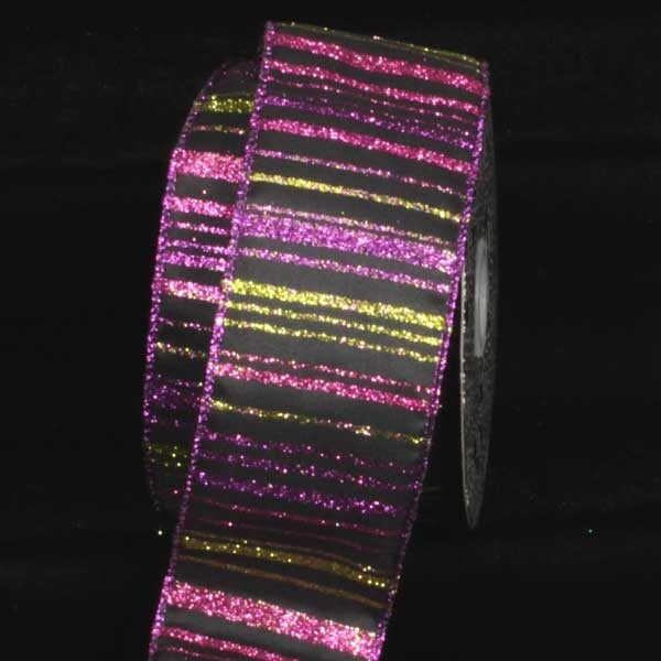 The Ribbon People Black and Pink Glitter Striped Diagonal Wired Craft Ribbon 2.5" x 20 Yards