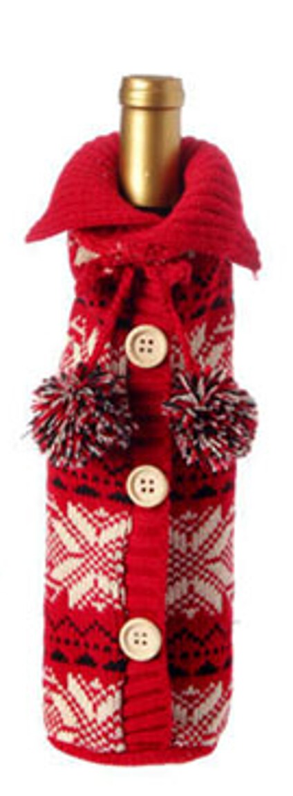 Raz 11" Alpine Chic Red, Black and Cream Snowflake Nordic Design Knit Christmas Wine Bottle Cover