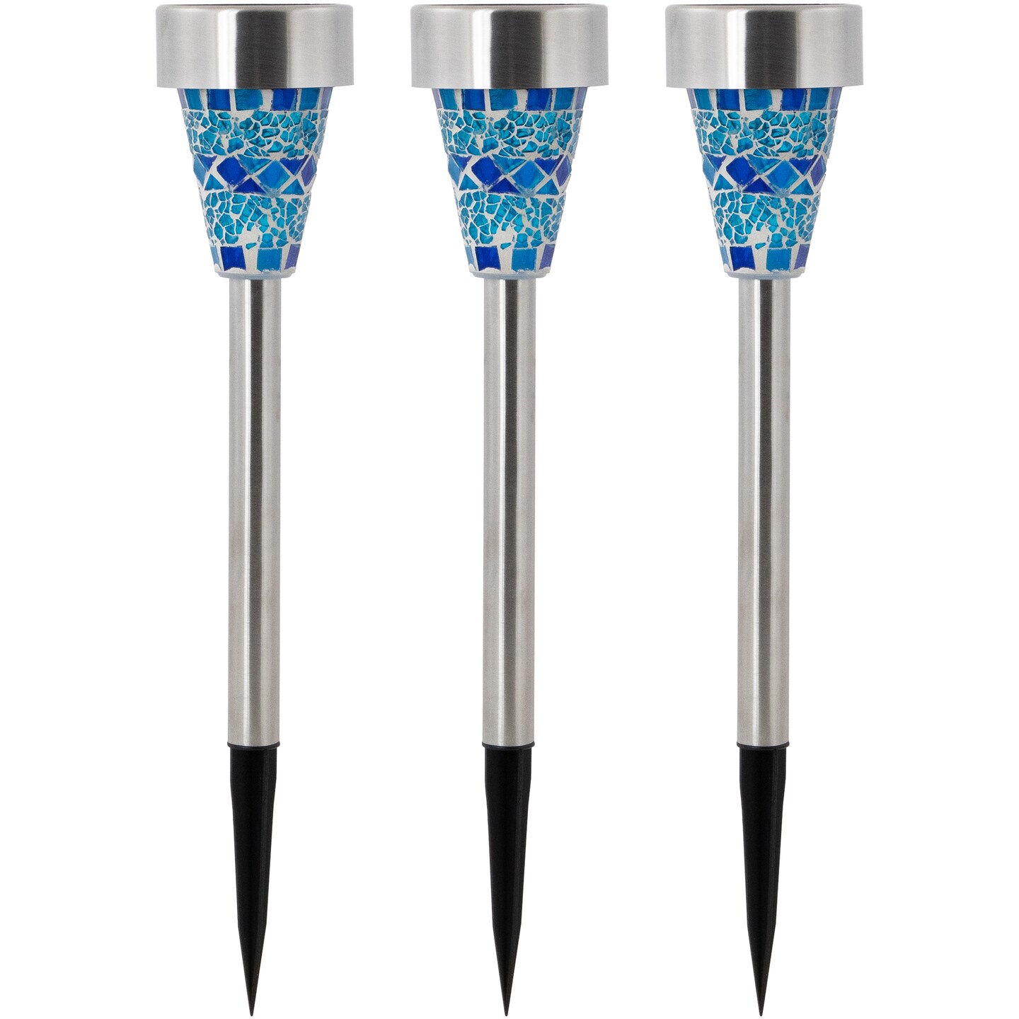 Northlight Set of 3 Blue Mosaic Stained Glass Solar Powered LED Pathway Markers, 15.5"