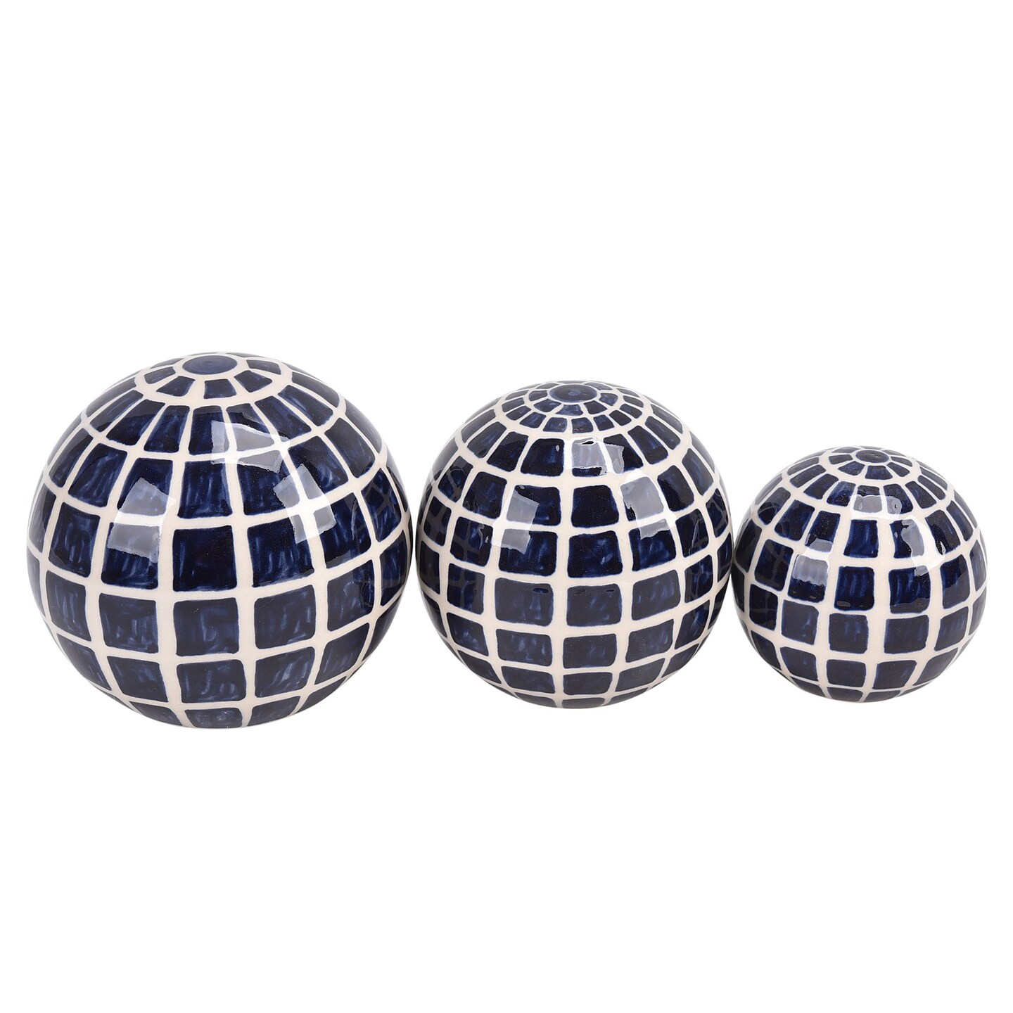 Kingston Living Checkered Orbs Tabletop Decorations - 6" - Blue and White - Set of 3