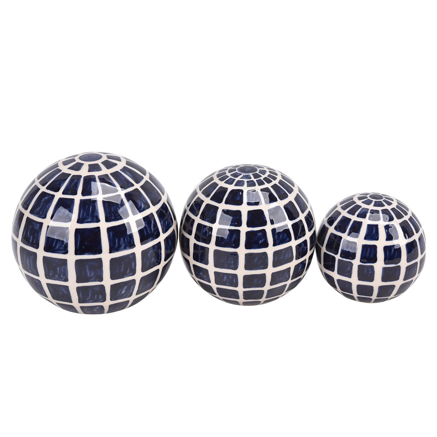 Kingston Living Set of 3 Blue and White Checkered Ceramic Spherical ...