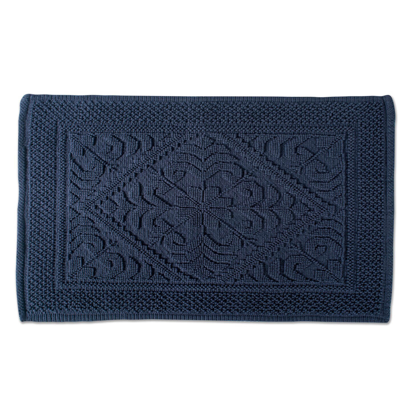 Contemporary Home Living 20&#x22; x 31&#x22; Navy Blue Damask Jacquard Bordered Bath Mat