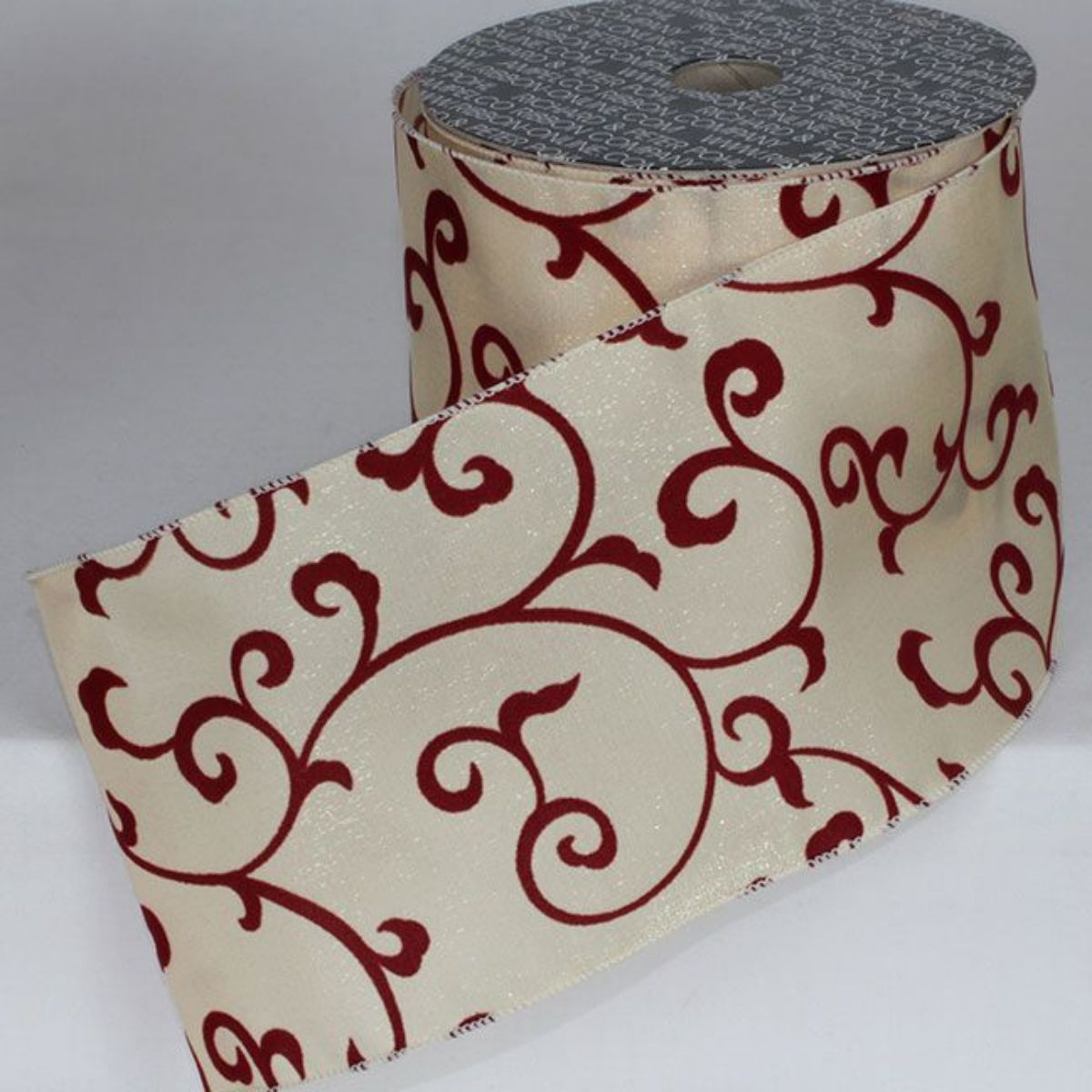 The Ribbon People Ivory and Red Swirls Wired Craft Ribbon 5&#x22; x 20 Yards