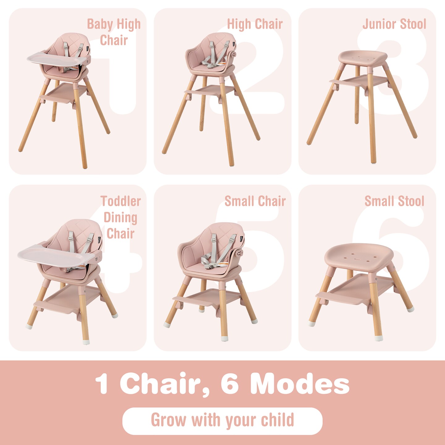 Costway 6-in-1 Convertible Wooden Baby Highchair Infant Feeding Chair with Removable Tray
