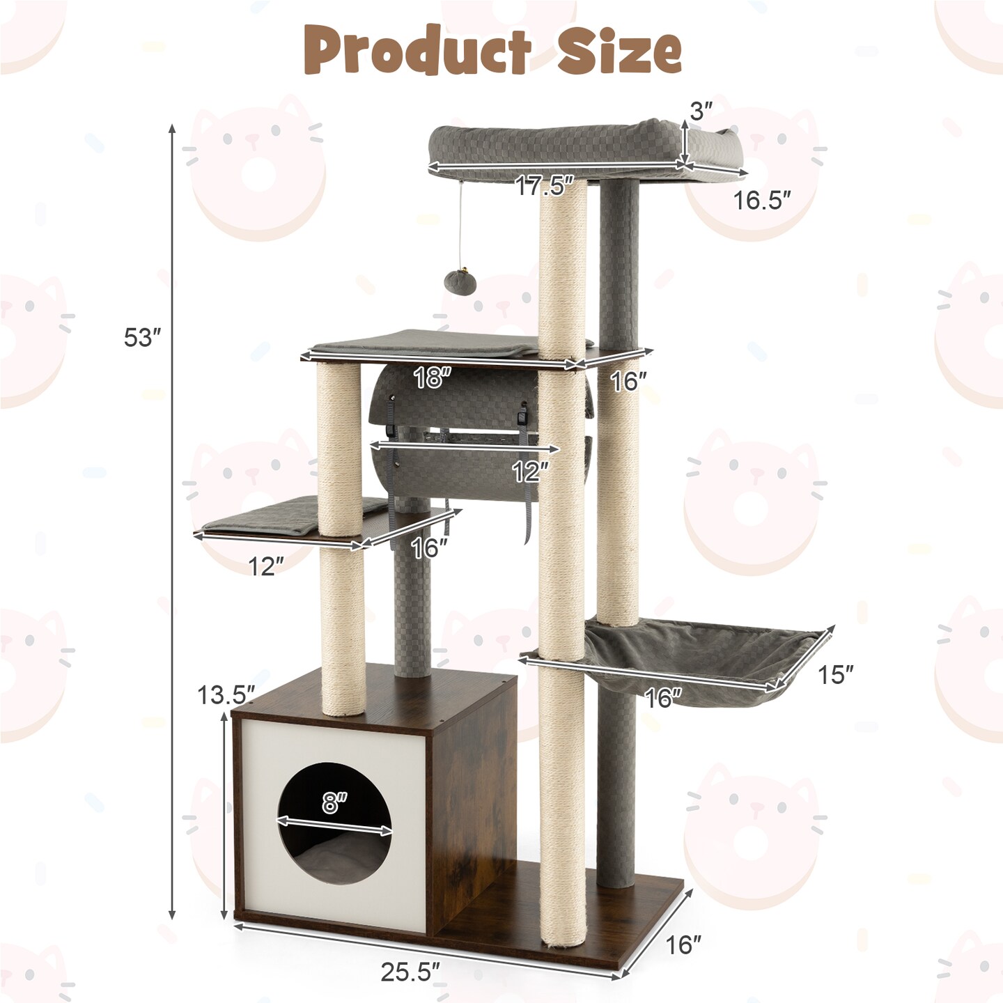 53 Inch Cat Tree with Condo and Swing Tunnel