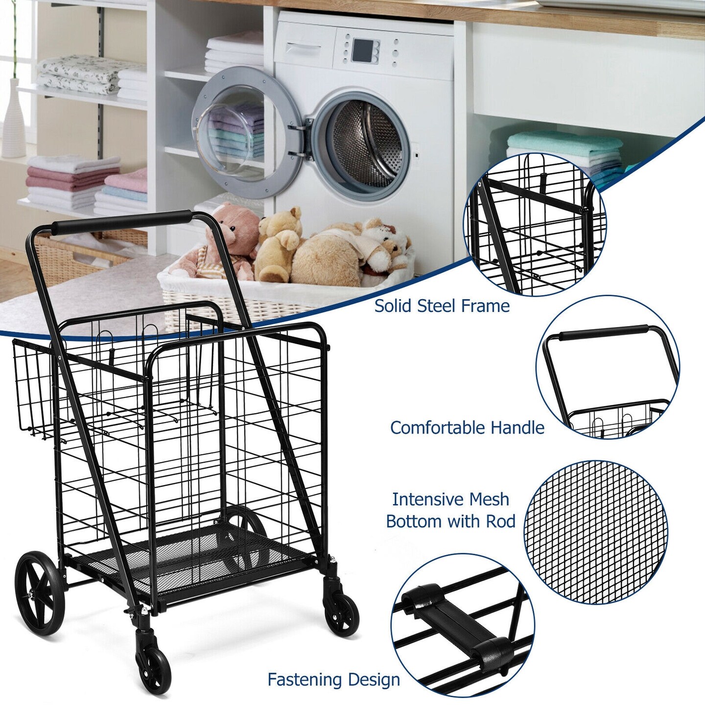 Heavy Duty Steel Folding Utility Shopping Double Cart with Mesh Base and Sturdy Rod