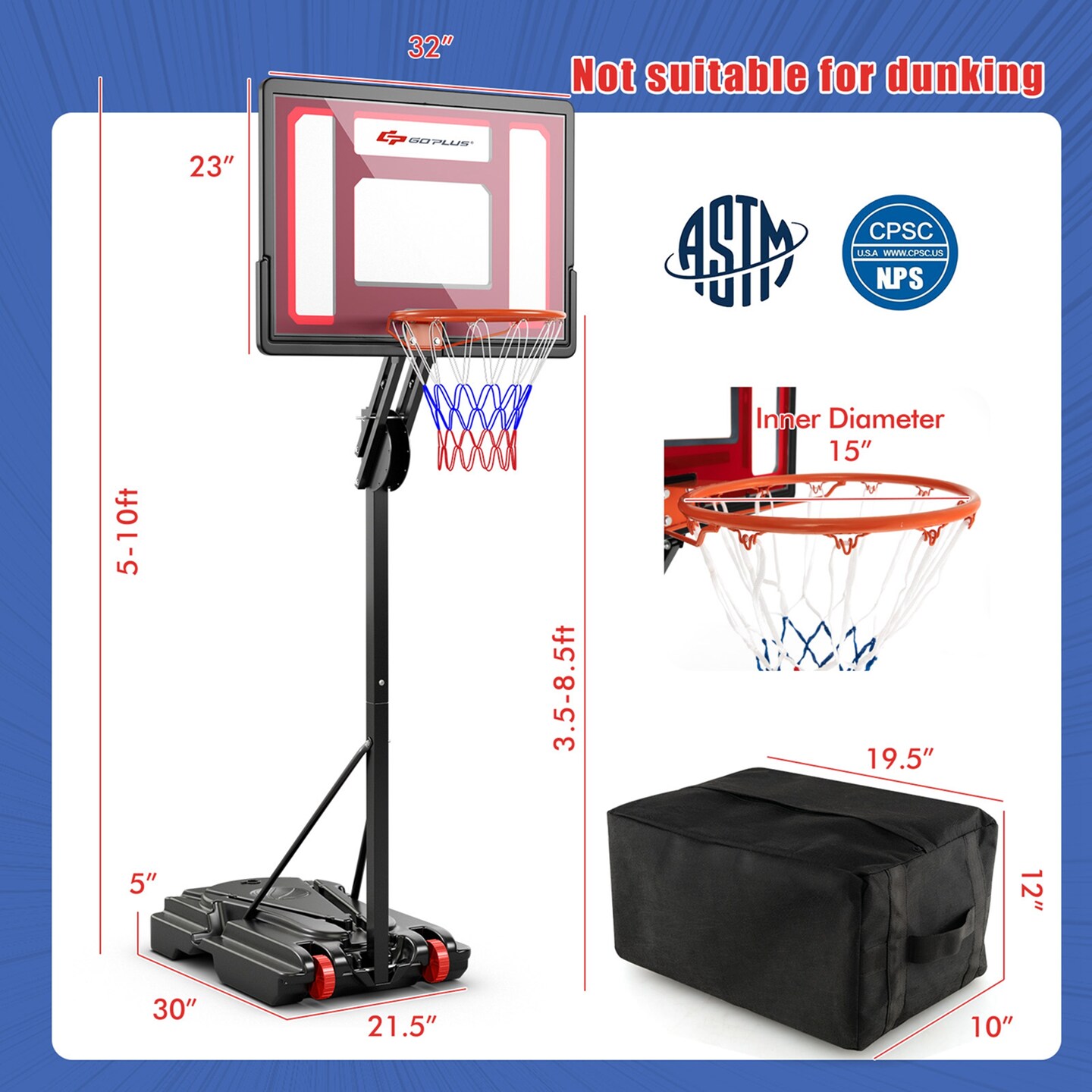 Costway Portable Basketball Hoop System  Adjustable W/Weight Bag Wheels Outdoor