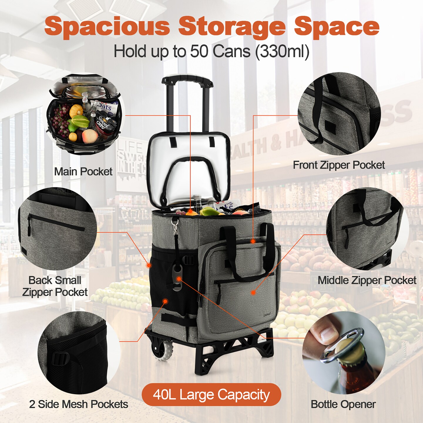 Costway 50-Can 3-in-1 Insulated Rolling Cooler with Adjustable Handle &#x26; Bottom Plate Blue/Grey