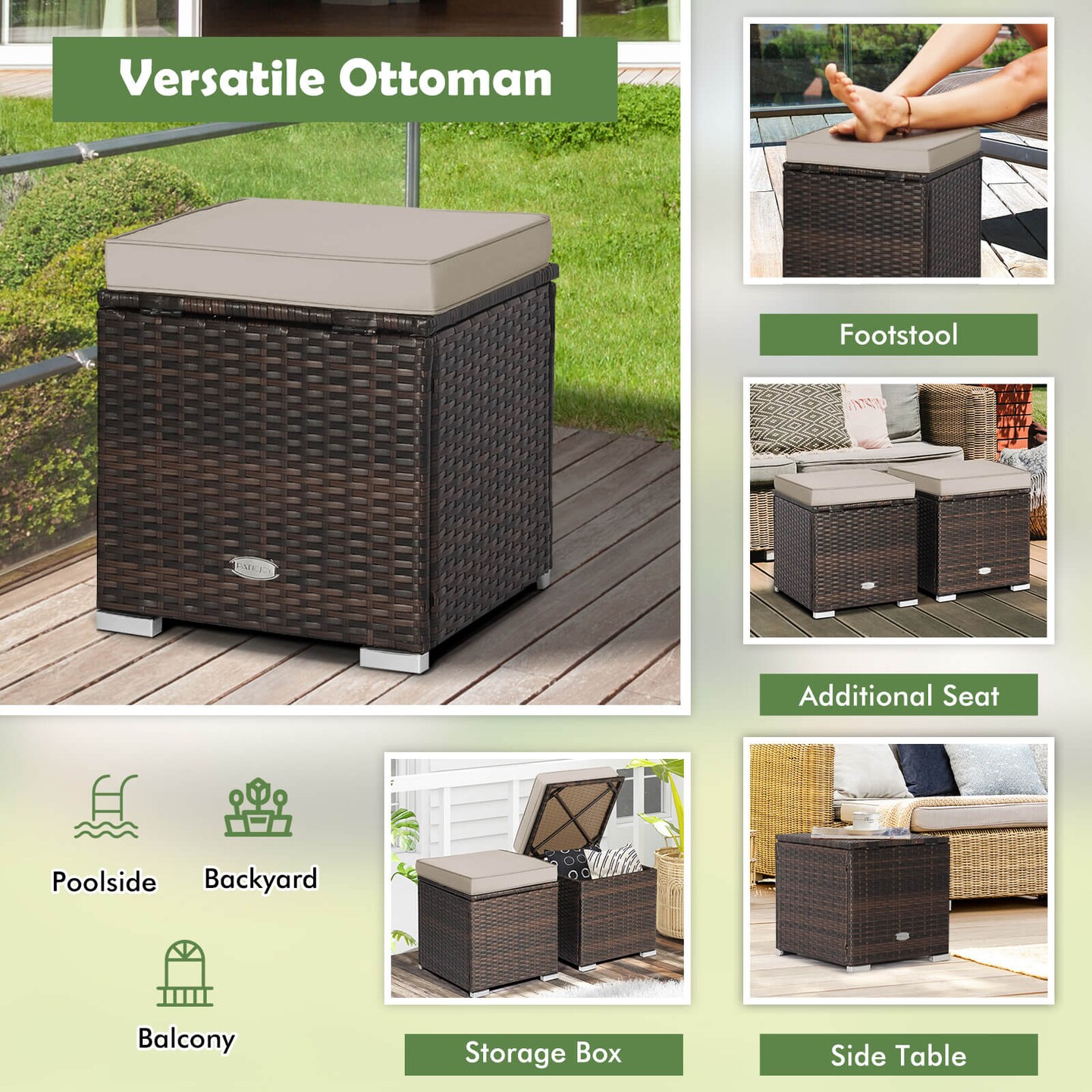 2 Pieces Patio Storage Ottoman with Removable and Washable Cushions