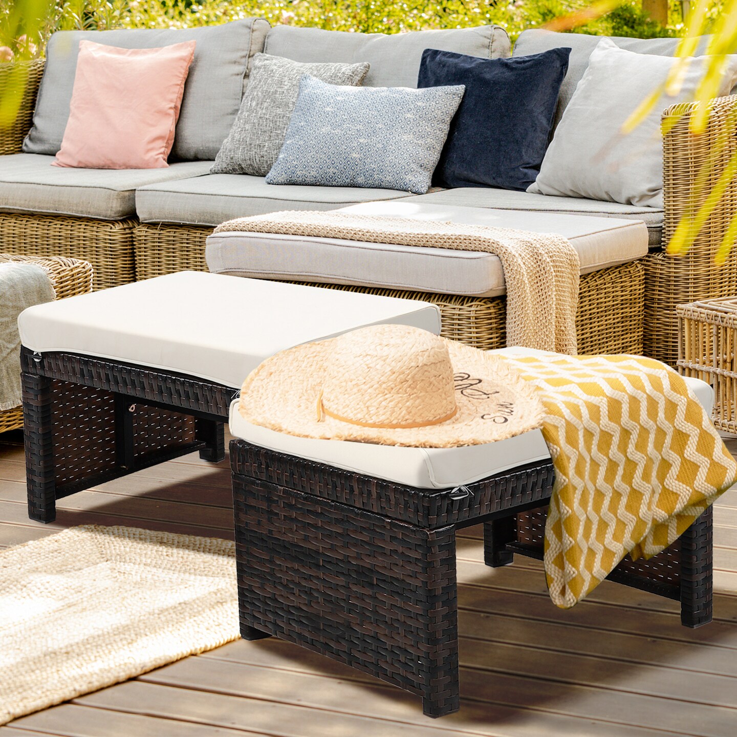 2 Pieces Patio Rattan Ottomans With Soft Cushion For Patio and Garden