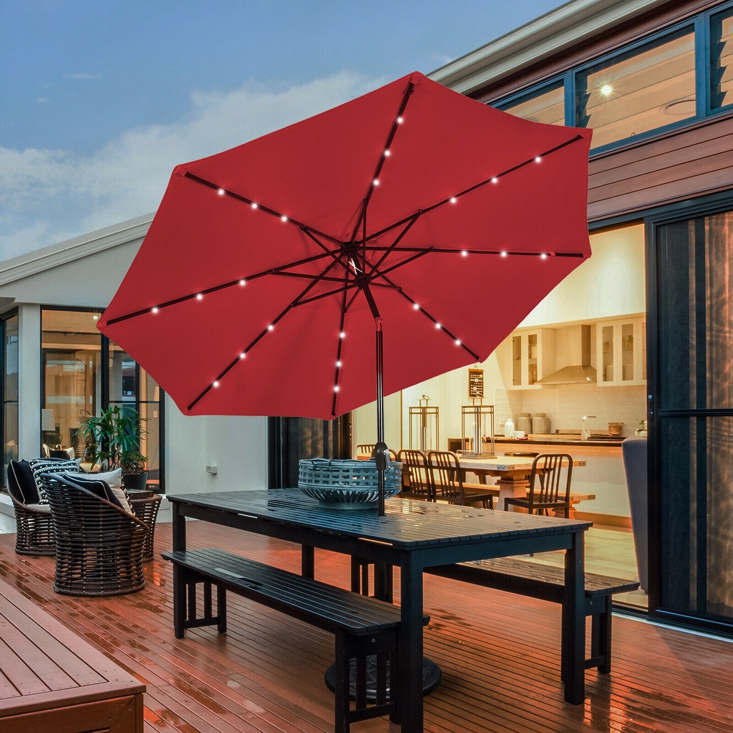 10' Solar LED Lighted Patio Market Umbrella Shade Tilt Adjustment Crank