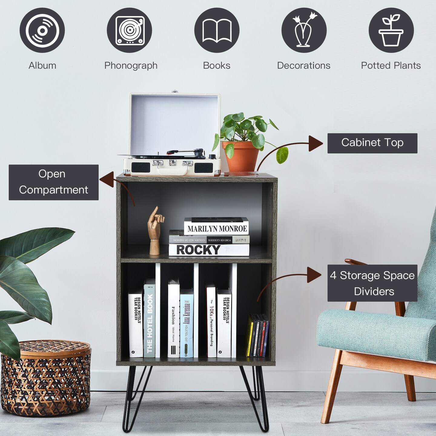 Freestanding Record Player Stand Record Storage Cabinet with Metal Legs