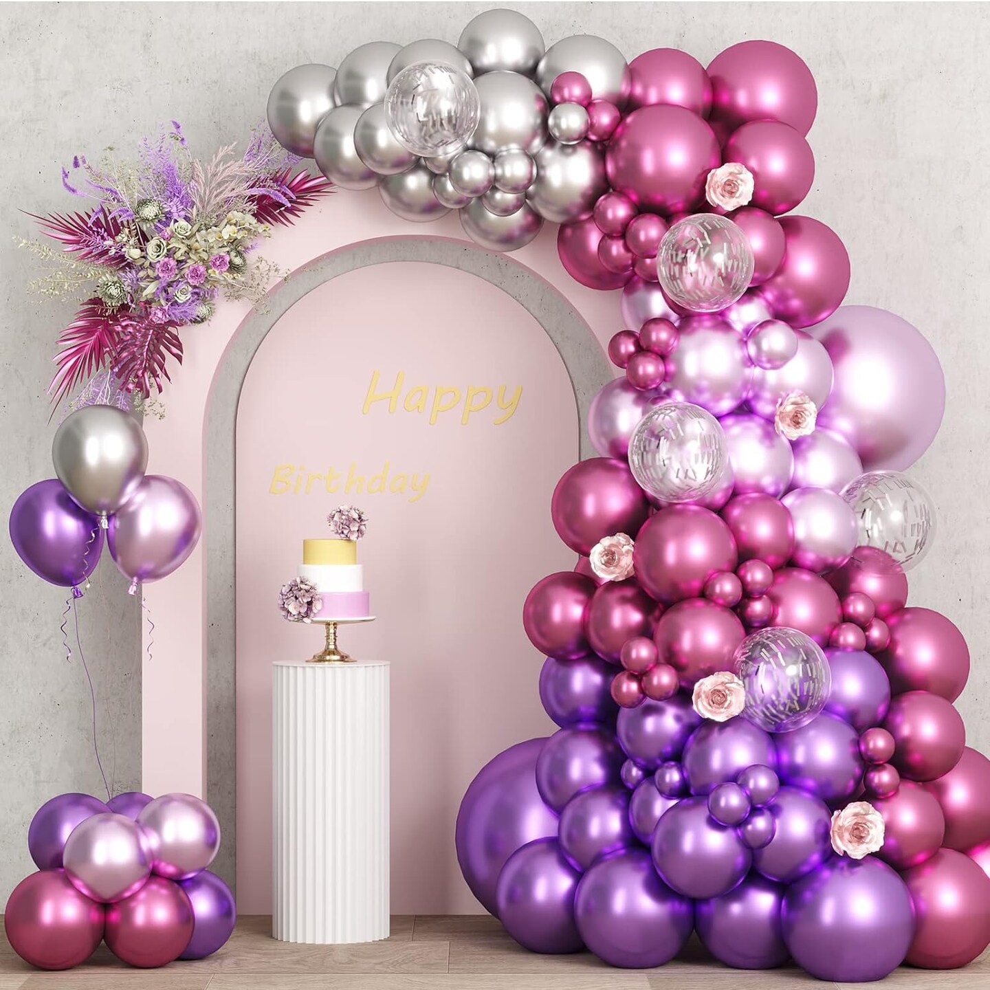 87pcs Metallic Pink Purple Balloon Garland Arch Kit, 18 12 10 5 Inch Pink Purple Red Silver Confetti Latex Party Balloons for Birthday Graduation Baby Shower Decoration