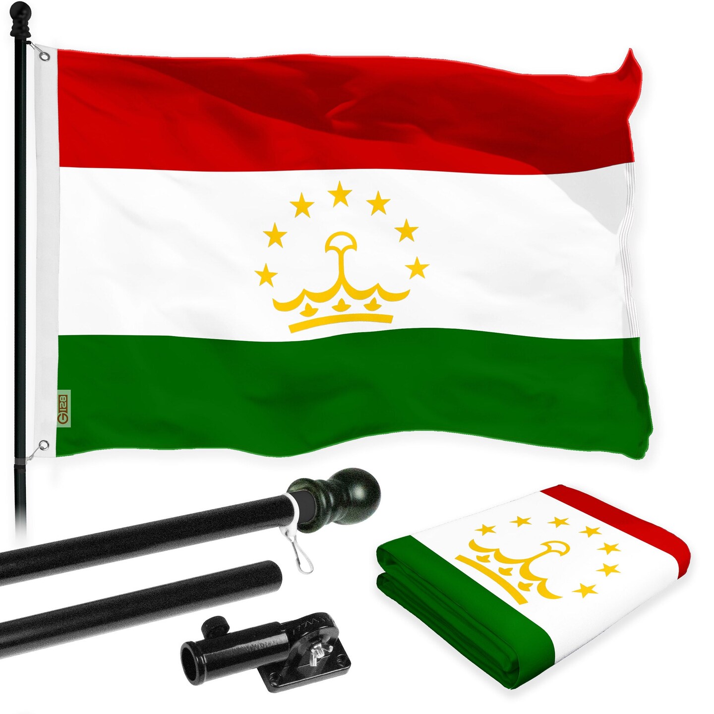 G128 Combo Pack: 6 Ft Tangle Free Spinning Flagpole (Black) &#x26; Tajikistan Flag 3x5 Ft Printed 150D Polyester, Brass Grommets (Flag Included) Aluminum Flag Pole