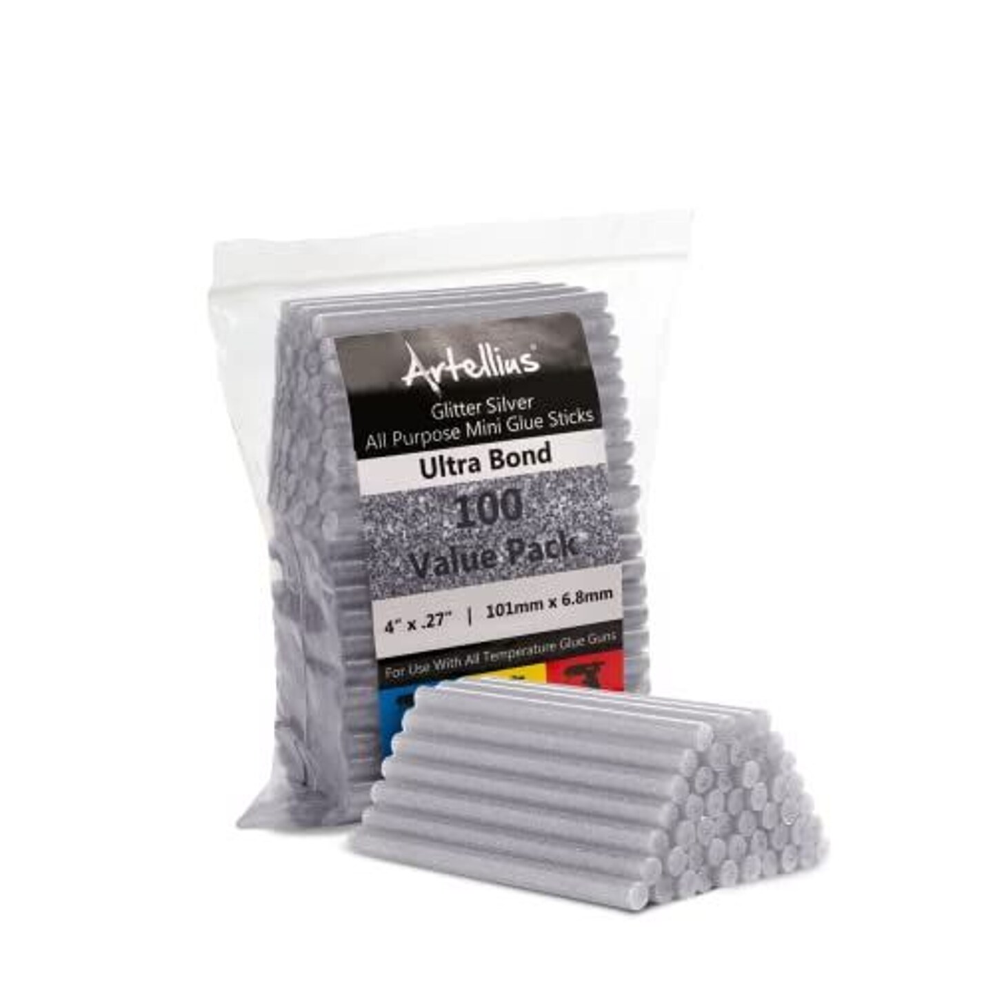 Artellius 100 Pack Hot Glue Sticks 4&#x22; x.27&#x22; - Ultra Bond Hot Melt Adhesive Mini Glue Sticks for All temperature, Grey