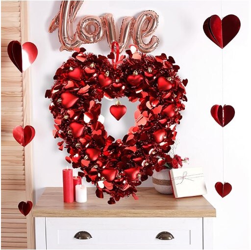 Tinsel Heart Shaped Wreath for Valentine's Day Red Heart Wreath Heart Balls. Valentine's Day Decorations for Front Door Wedding Party Anniversary Wall Decor Gift for Girls Mother's Day