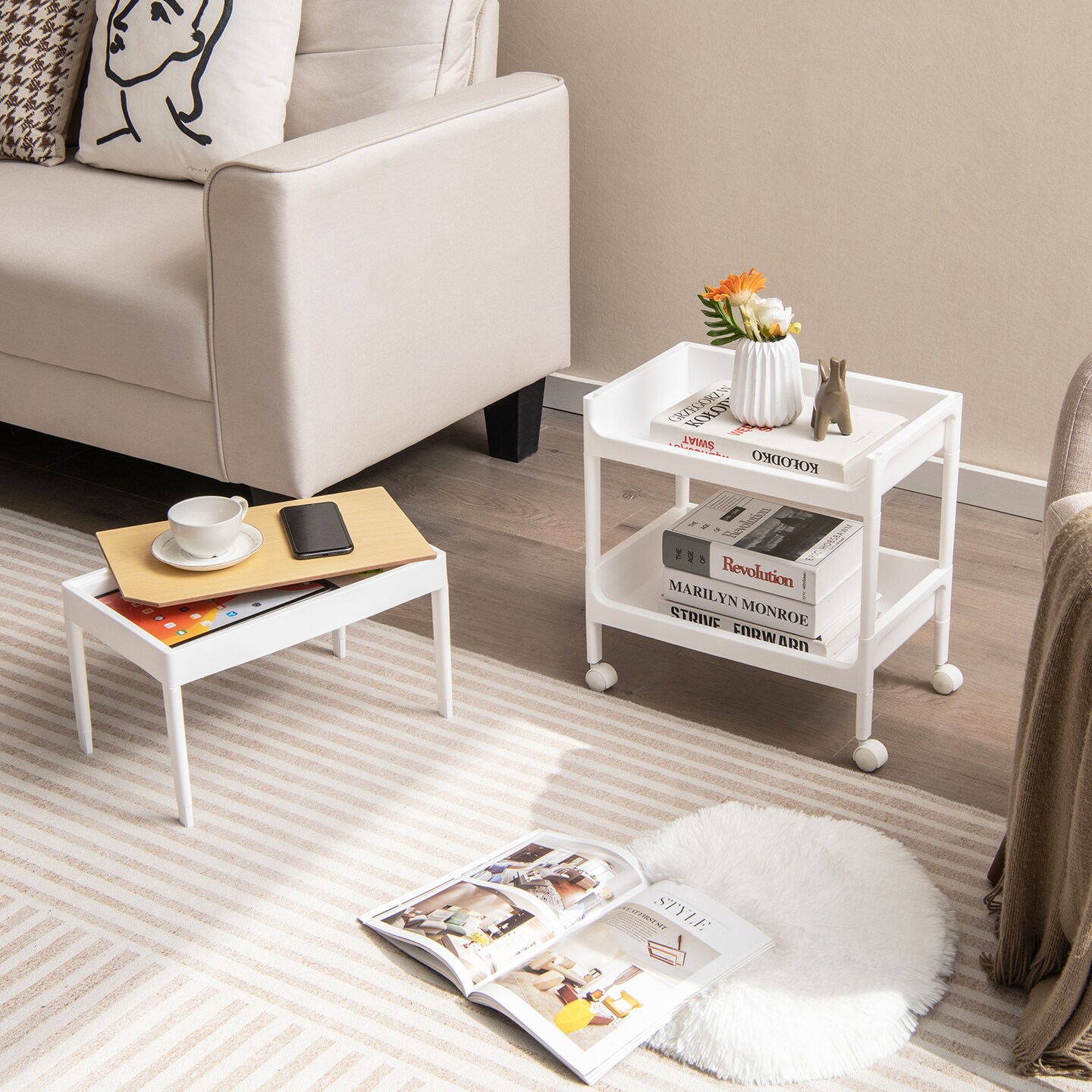 Utility Rolling Cart With Detachable Tray Top And Locking Wheels-3-tier