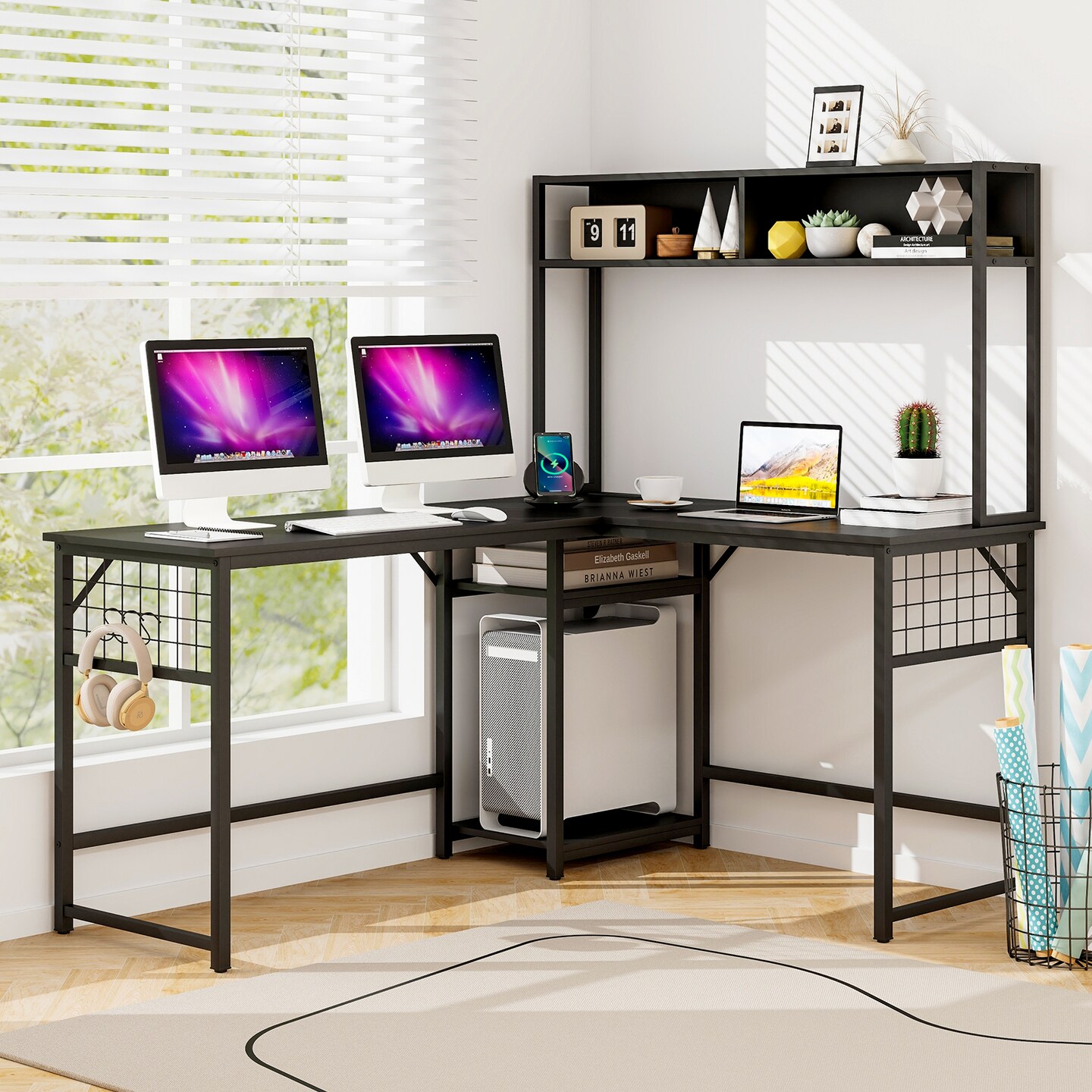 Modern L-Shaped Work Desk with Power Outlets and Storage Shelves Hutch and Open Shelves
