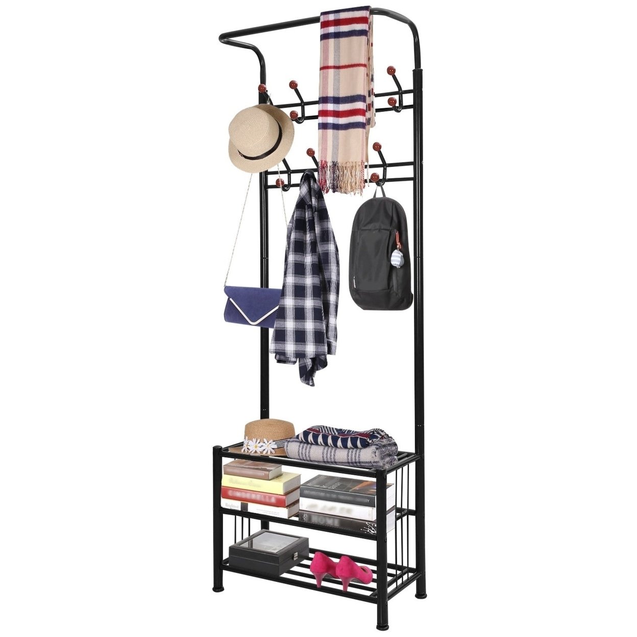 SKUSHOPS Metal Entryway Coat Shoe Rack Hall Tree with 3 Tier Shoe Bench Shoe Storage 18 Hooks Coat Hat Rack