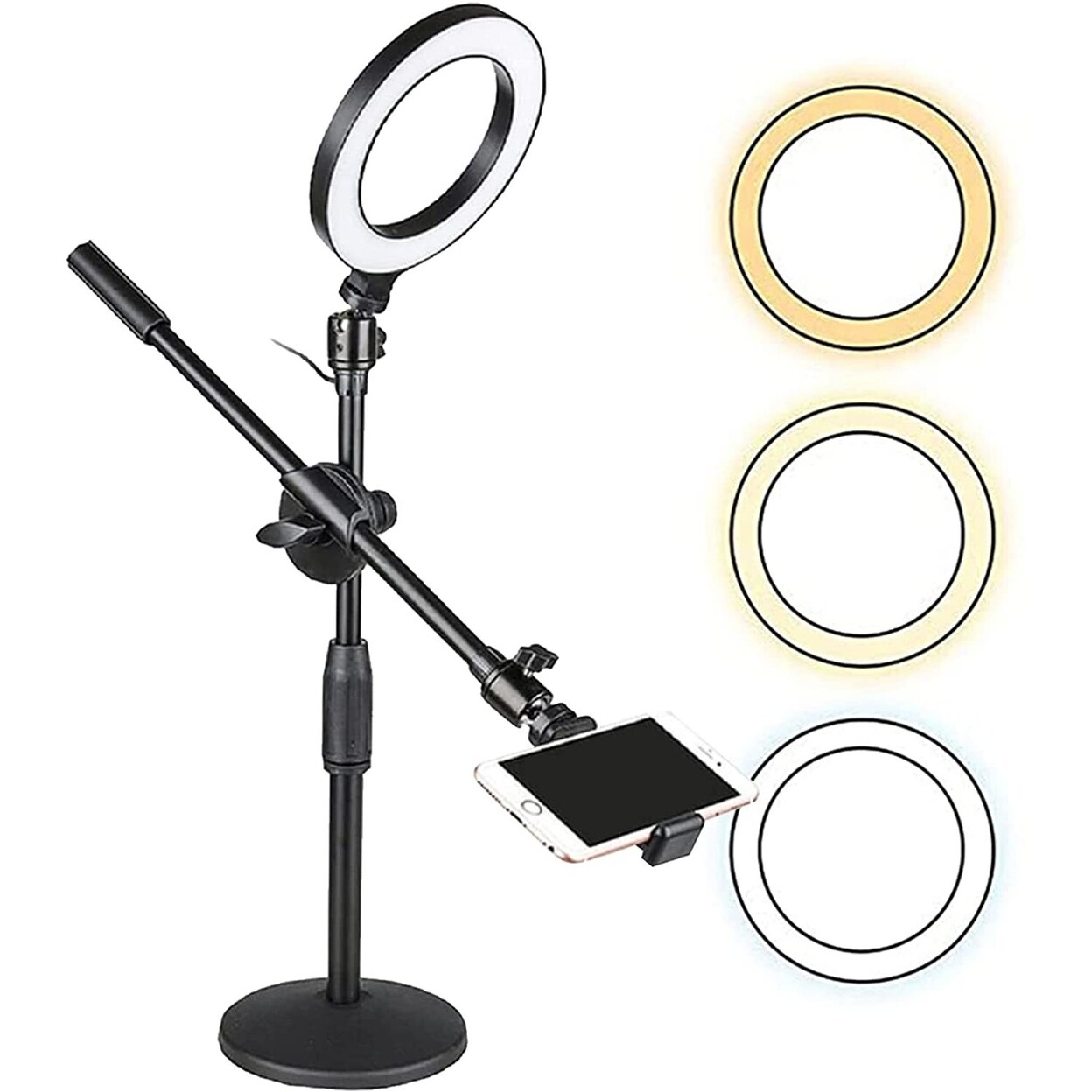 SKUSHOPS 10 Light Overhead Phone Mount LED Circle Lights 360 Adjustable Shooting Arm Dimmable for Video Recording Live Streaming