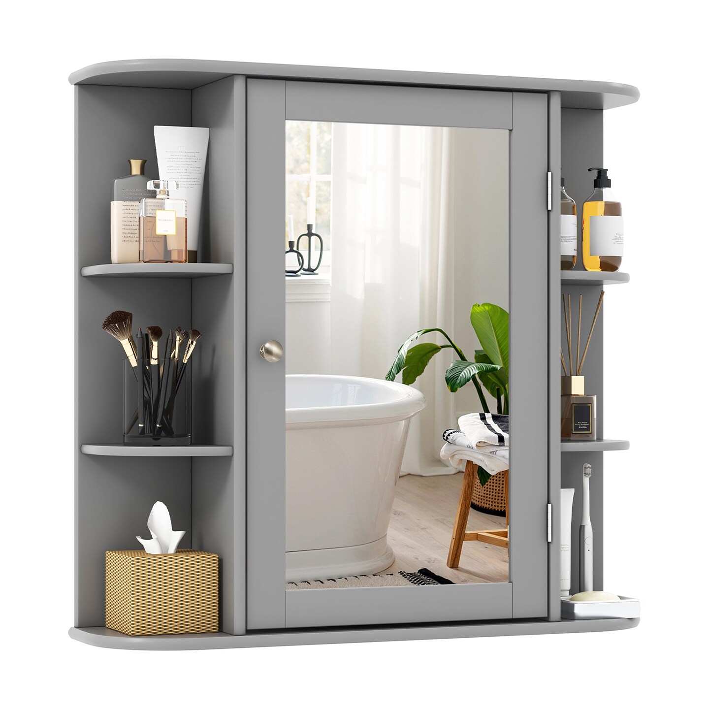 Wall Mounted Mirror Bathroom Storage Cabinet with 3 Adjustable Shelves and 6 Open Side Racks