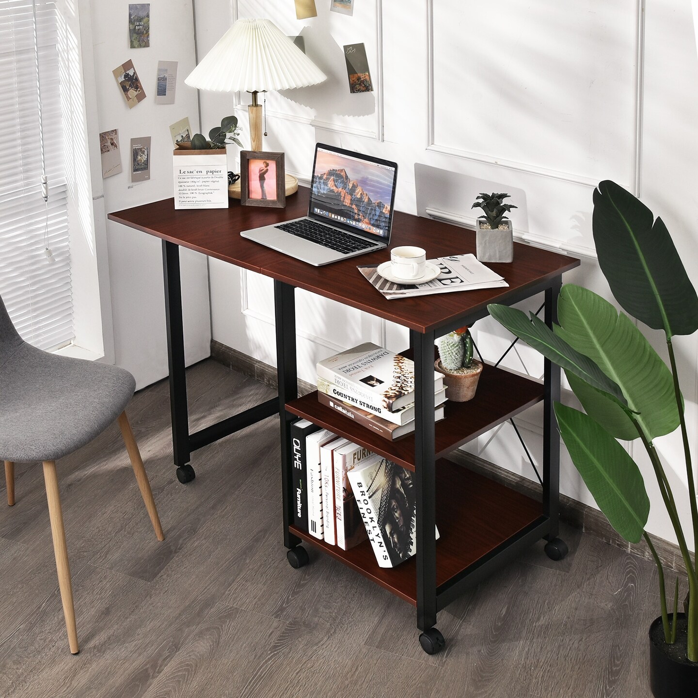 6 Universal Wheels Folding Computer Desk with 2-tier Open Storage Shelves