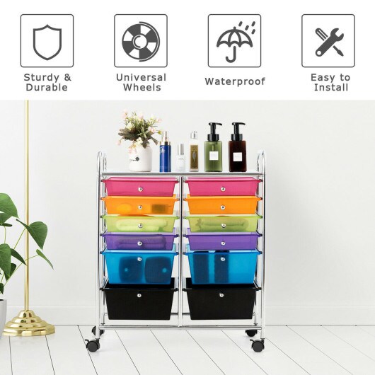 Mobile 12-Drawer Storage Organizer Cart with Ventilated Top Locking Wheels and Sturdy Frame
