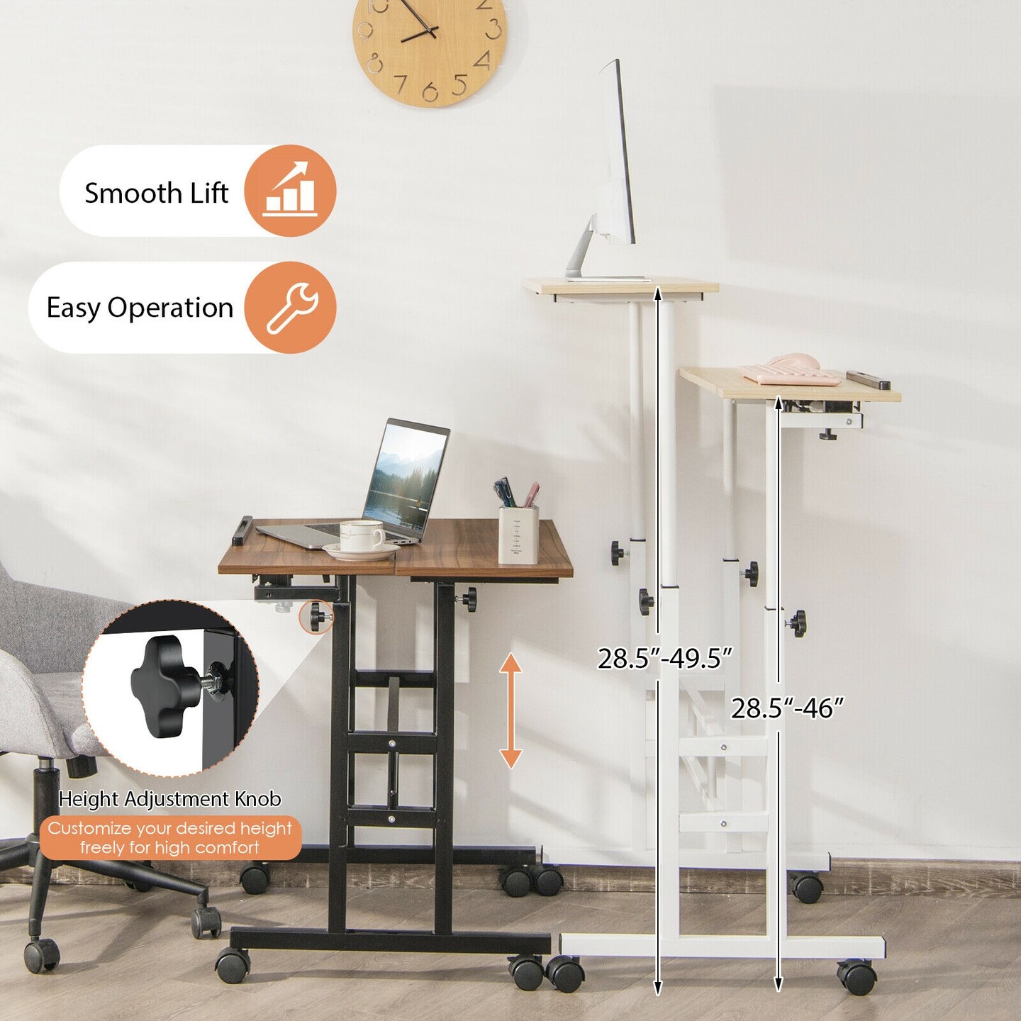 Height Adjustable Computer Desk with 2 Tilting Workstation and 4 Smooth Rolling Lockable Casters