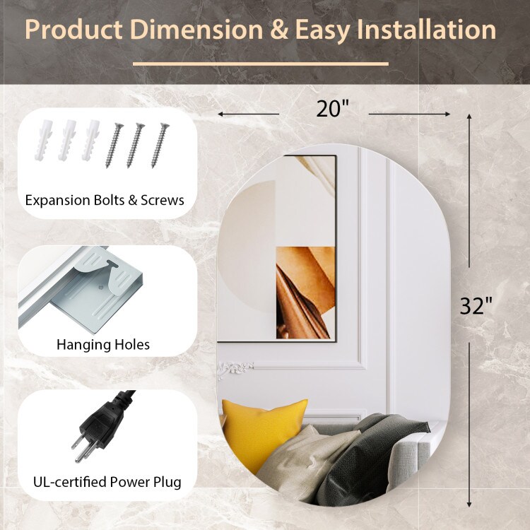 Oval LED Wall Mirror Backlit Dimmable Bathroom Wall Mounted Mirror
