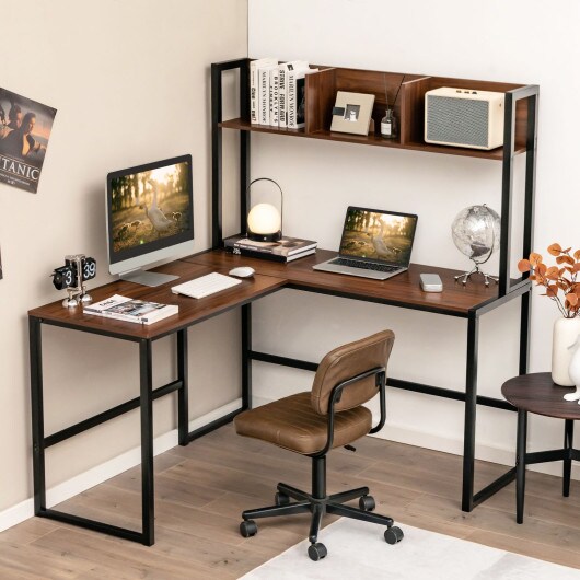 Reversible L-Shaped Corner Desk with Storage Bookshelf and Open Storage Hutch
