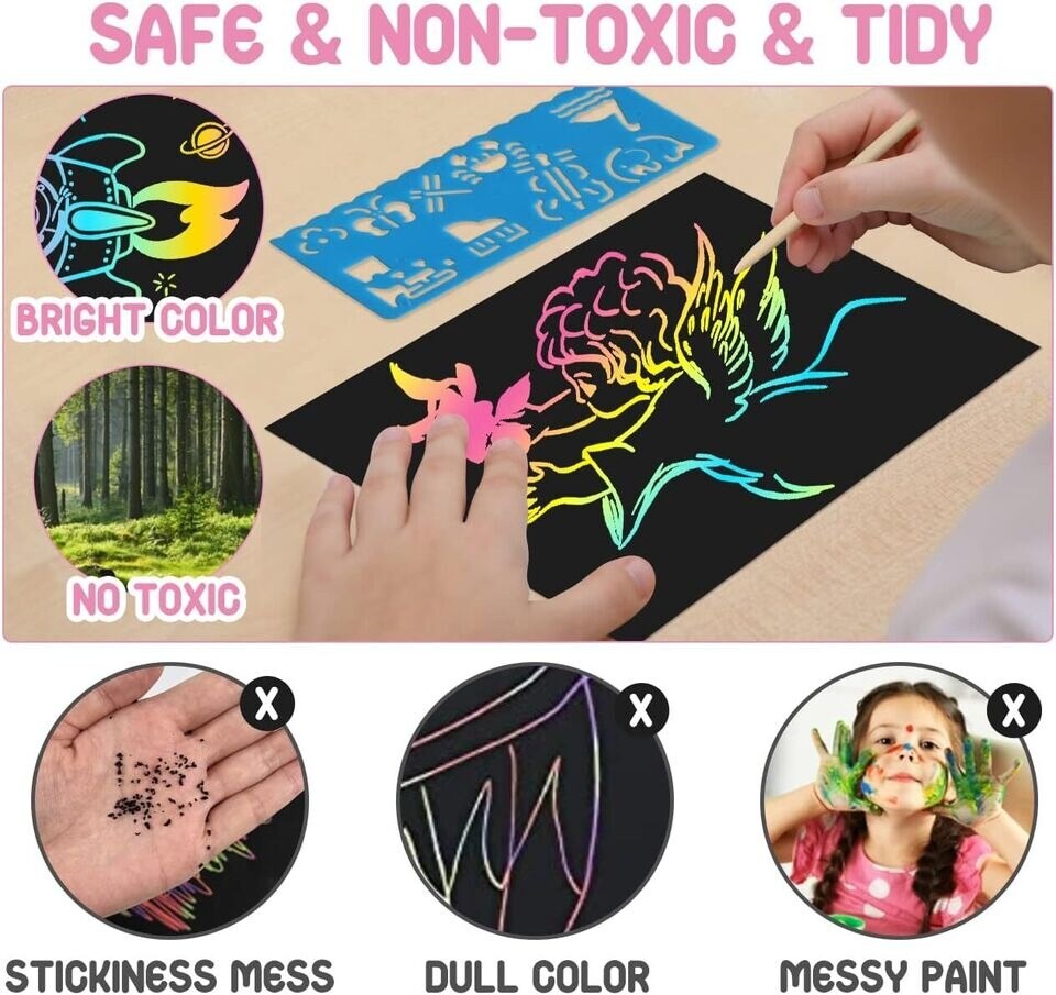 50Pcs Magic Scratch Paper Art Set For Kids Rainbow Crafts Drawing Pads DIY Gifts
