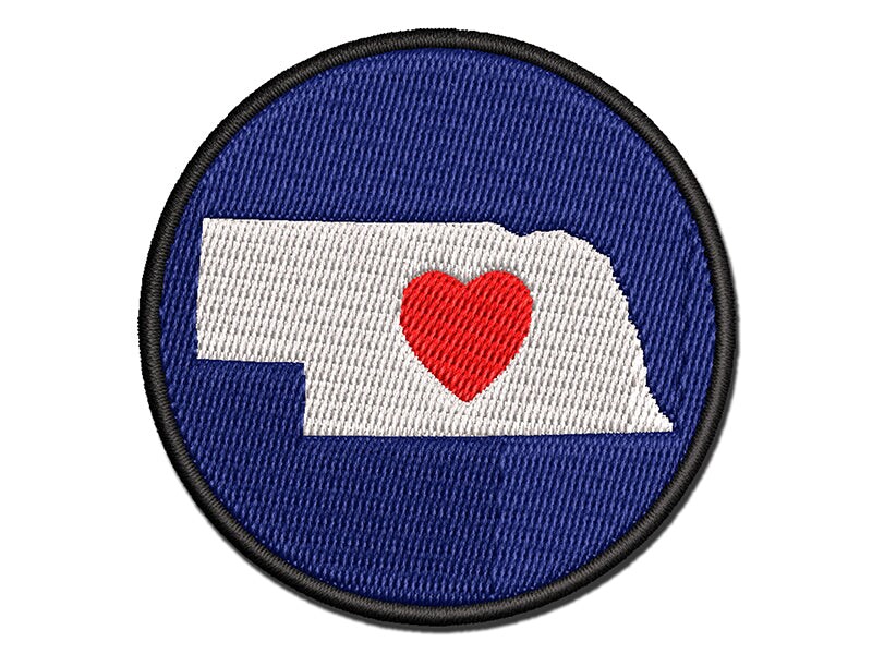 Nebraska State with Heart Multi-Color Embroidered Iron-On or Hook &#x26; Loop Patch Applique