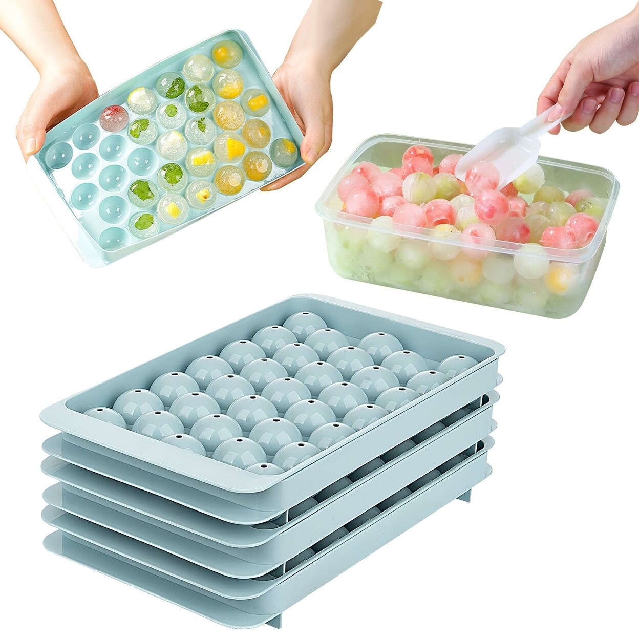 SKUSHOPS 4 Packs Small Ice Cube Trays Mini Circle Ice Cube Tray Round Ice Ball Maker Mold with Lid Bin 132Pcs Ice Cubes for