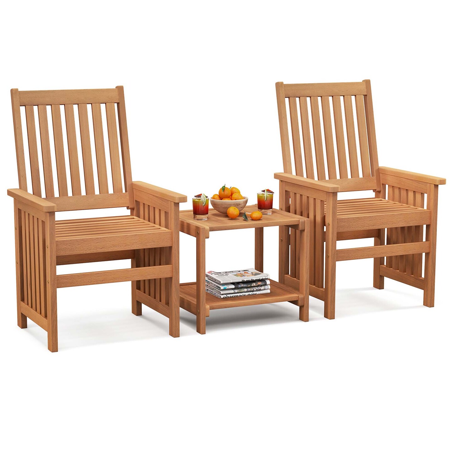 Costway 3 Pieces Patio Furniture Set with 1.5&#x22; Umbrella Hole Hardwood Table &#x26; Chairs Set
