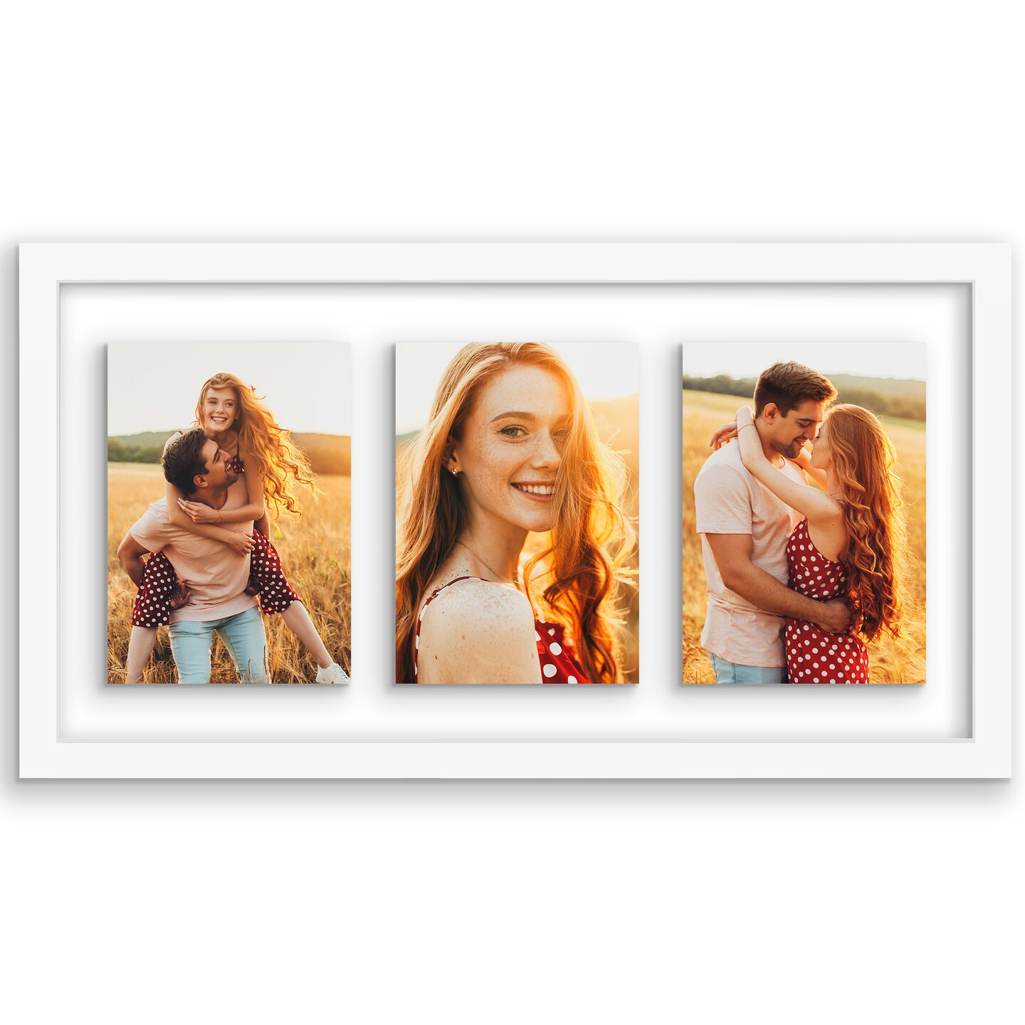 Americanflat Floating Collage Frame - Displays Three Photos with Floating Effect - Shatter Resistant Glass - Hanging Hardware for Horizontal or Verticle Display