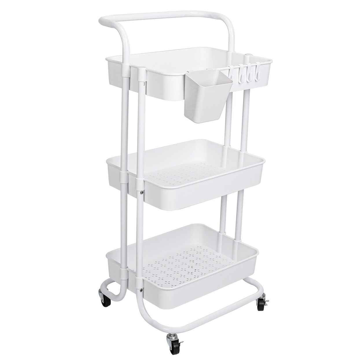 SKUSHOPS 3 Tier Rolling Utility Cart Movable Storage Organizer with Mesh Baskets Lockable Wheels 360 Degree Rotatable Hanging Box