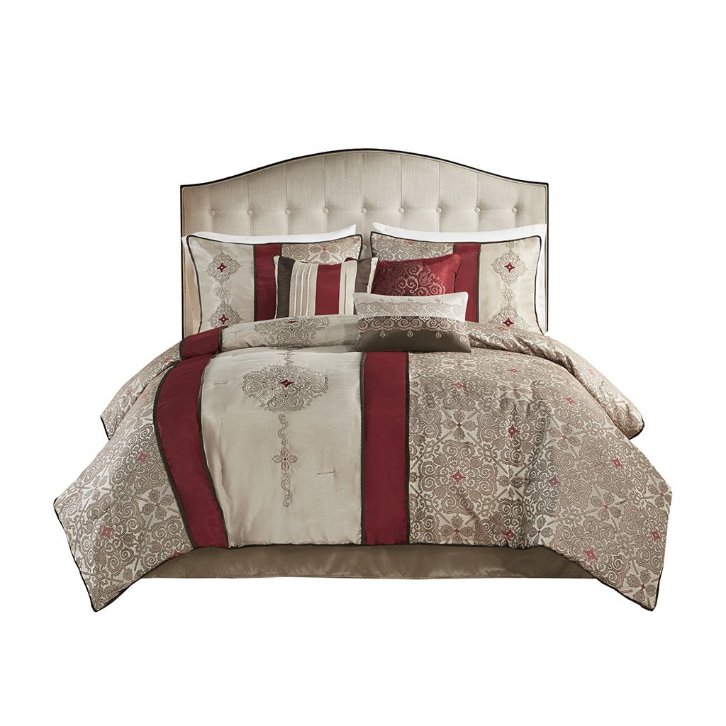 Gracie Mills   Kurtis 7-Piece Red Jacquard Comforter Set with Designer Throw Pillows - GRACE-8995