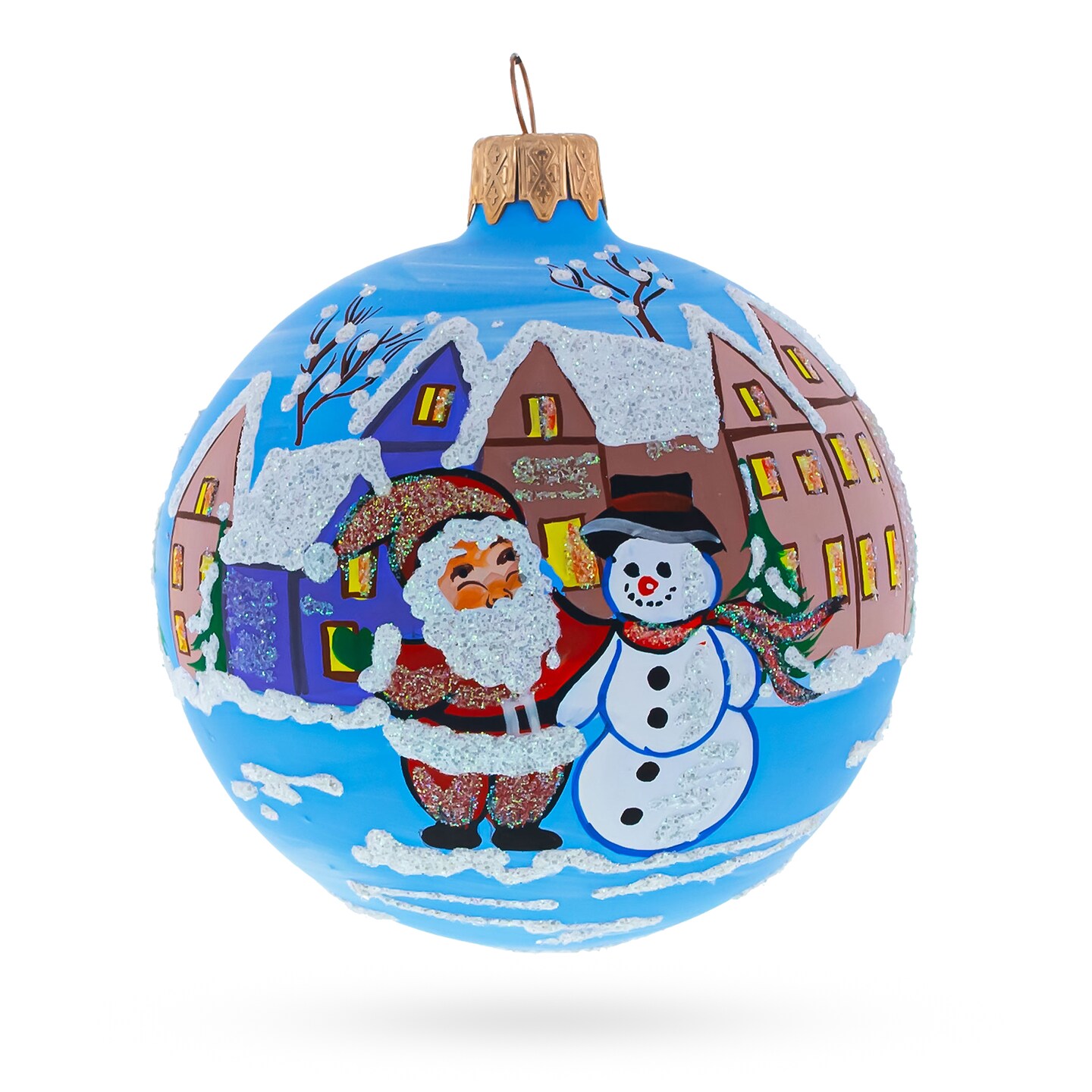 Santa &#x26; Snowman Winter Village Scene Glass Ball Christmas Ornament 3.25 Inches