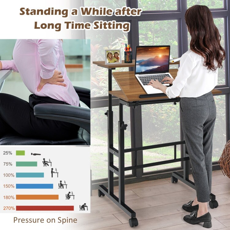 Height Adjustable Computer Desk with 2 Tilting Workstation and 4 Smooth Rolling Lockable Casters