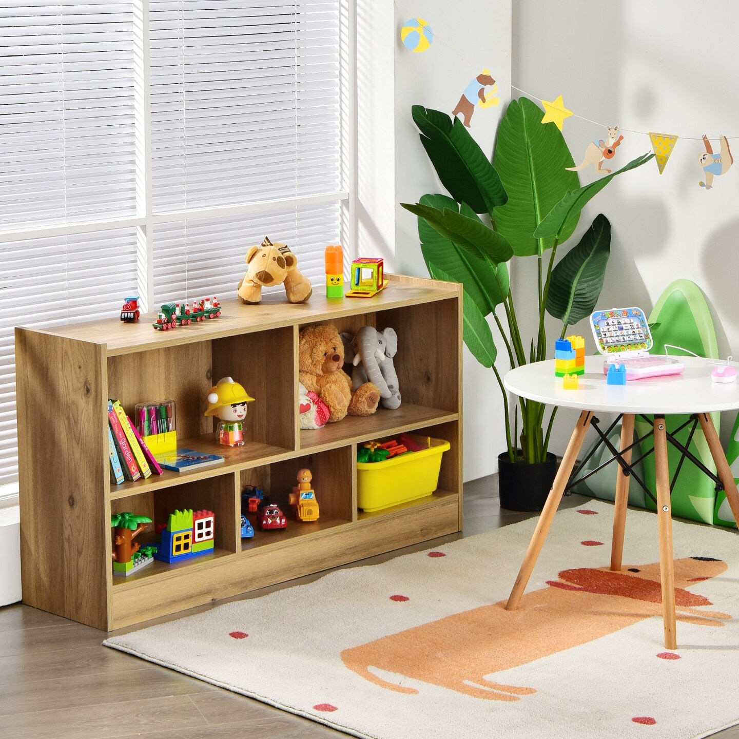 Kids 2-Shelf Bookcase 5-Cube Wood Toy Storage Cabinet Organizer